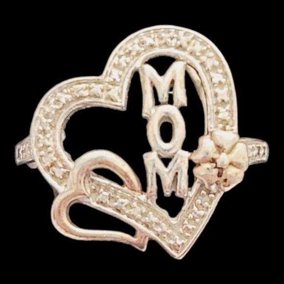 Vintage Sterling Silver 925 Heart Mom Diamond Accent Flower Ring Size 7 - Picture 1 of 6